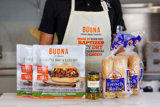 Buona's Chicago Italian Beef Sandwich Kit (16 Sandwiches) with Buona Apron