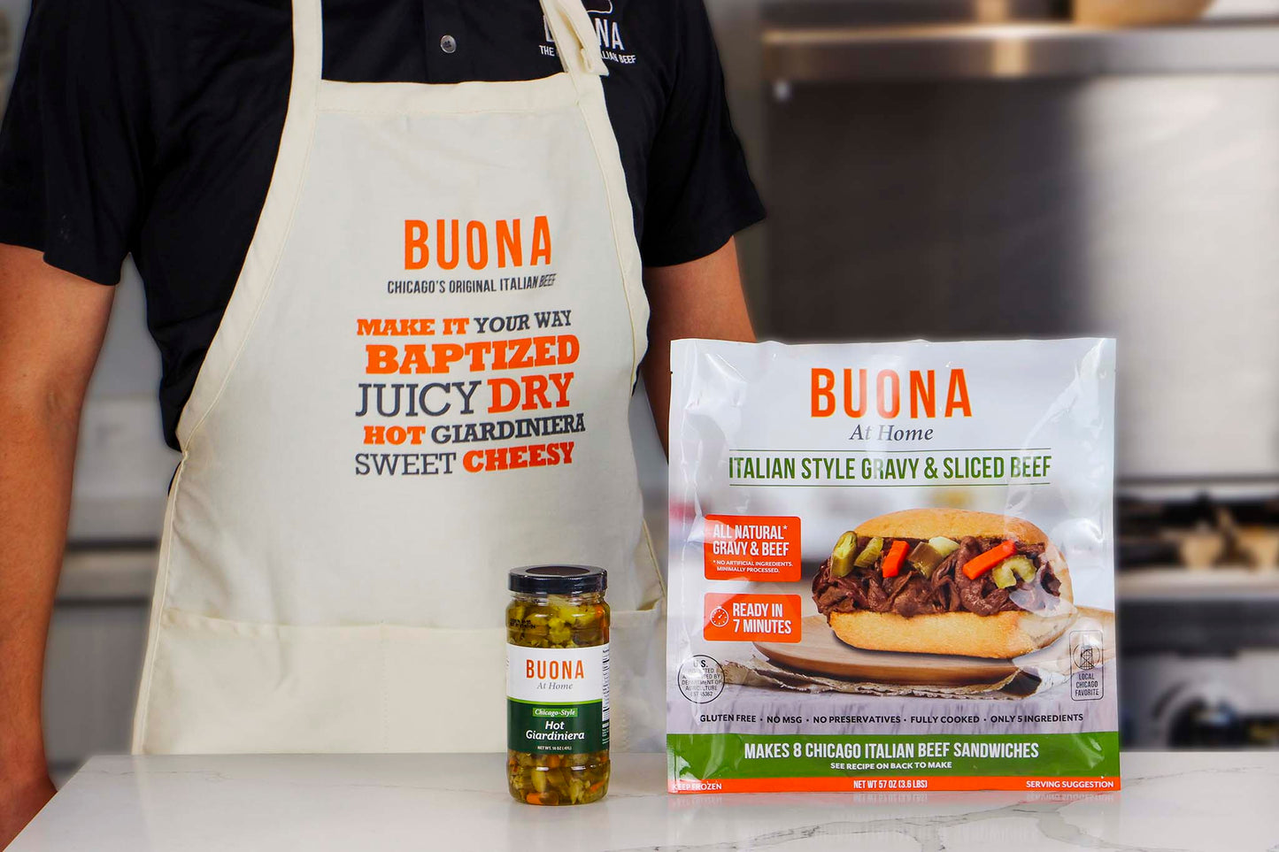 Buona's Chicago Italian Beef & Gravy + Hot Giardiniera and Buona Apron
