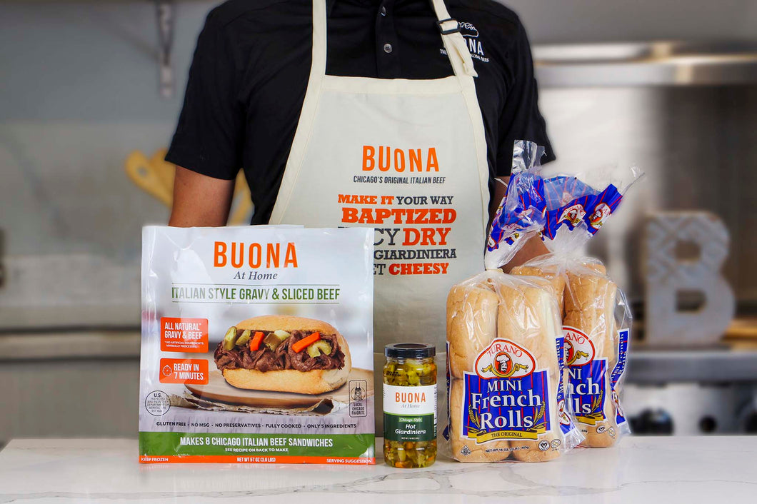 Buona's Chicago Italian Beef Sandwich Kit (8 Sandwiches) with Buona Apron